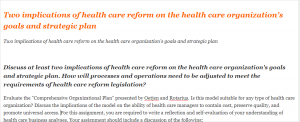 Two implications of health care reform on the health care organization's goals and strategic plan