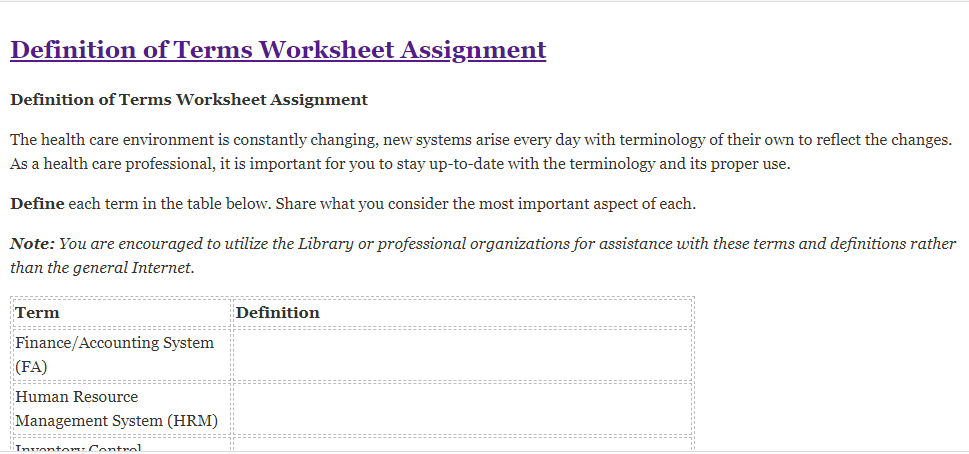Definition Of Terms Worksheet