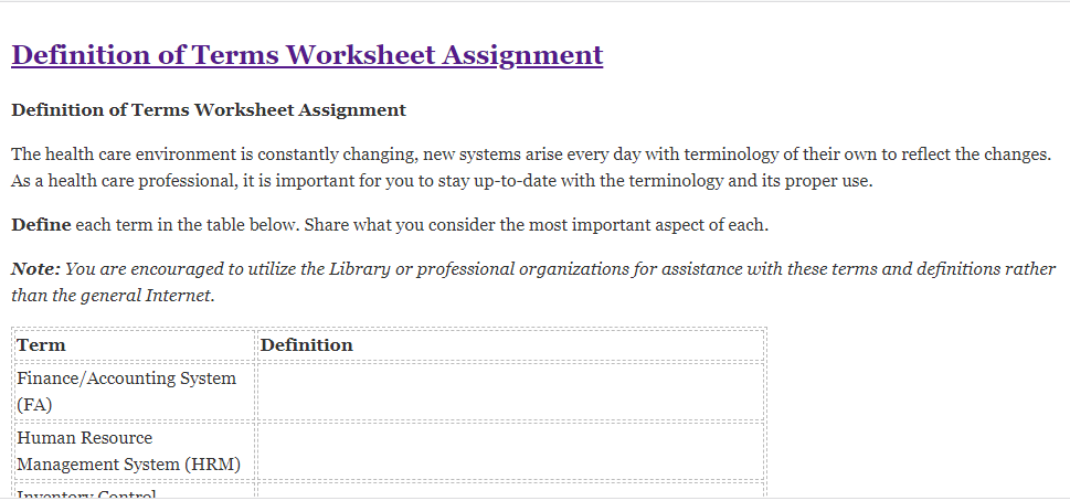 Definition Of Terms Worksheet Assignment WritersFountain