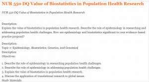 NUR 550 DQ Value of Biostatistics in Population Health Research