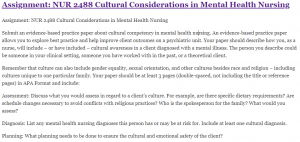 Assignment: NUR 2488 Cultural Considerations in Mental Health Nursing