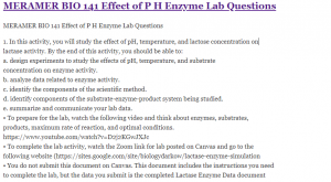 MERAMER BIO 141 Effect of P H Enzyme Lab Questions