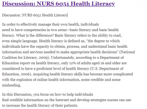 Discussion: NURS 6051 Health Literacy