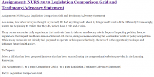 Assignment: NURS 5050 Legislation Comparison Grid and Testimony/Advocacy Statement