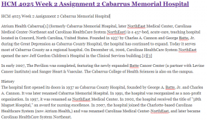 HCM 4025 Week 2 Assignment 2 Cabarrus Memorial Hospital