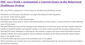 HSC 3015 Week 5 Assignment 2 Current Issues in the Behavioral Healthcare System