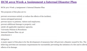 HCM 4012 Week 4 Assignment 2 Internal Disaster Plan
