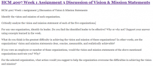 HCM 4007 Week 1 Assignment 3 Discussion of Vision & Mission Statements