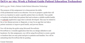 DeVry nr 361: Week 2 Patient Guide Patient Education Technology