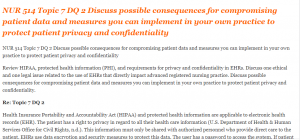 NUR 514 Topic 7 DQ 2 Discuss possible consequences for compromising patient data and measures you can implement in your own practice to protect patient privacy and confidentiality