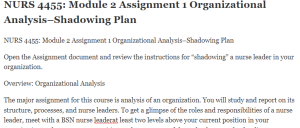NURS 4455 Module 2 Assignment 1 Organizational Analysis–Shadowing Plan