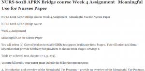 NURS 601B APRN Bridge course Week 4 Assignment Meaningful Use for Nurses Paper