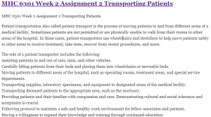 MHC 6301 Week 2 Assignment 2 Transporting Patients