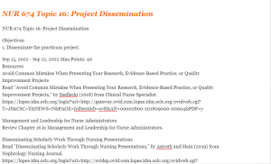 NUR 674 Topic 16 Project Dissemination