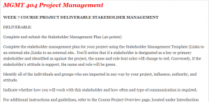 WEEK 7 COURSE PROJECT DELIVERABLE STAKEHOLDER MANAGEMENT