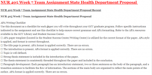 NUR 405 Week 7 Team Assignment State Health Department Proposal