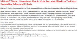 NRS 429V Week 1 Discussion 2 How to Write Learning Objectives That Meet Demanding Behavioral Criteria