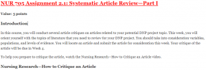 NUR 705 Assignment 2.1: Systematic Article Review—Part I