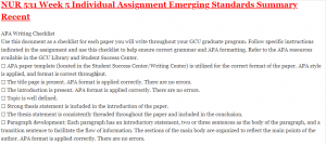 NUR 531 Week 5 Individual Assignment Emerging Standards Summary Recent