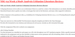 NSG 512 Week 2 Study Analysis Critiquing Literature Reviews