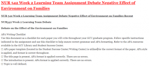 NUR 542 Week 2 Learning Team Assignment Debate Negative Effect of Environment on Families