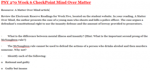 PSY 270 Week 6 CheckPoint Mind Over Matter