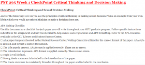 PSY 265 Week 1 CheckPoint Critical Thinking and Decision Making