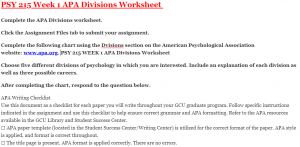 PSY 215 Week 1 APA Divisions Worksheet