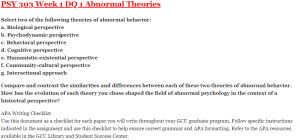 PSY 303 Week 1 DQ 1: Abnormal Theories