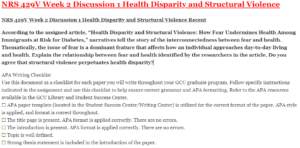 NRS 429V Week 2 Discussion 1 Health Disparity and Structural Violence