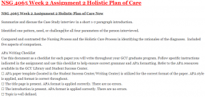 NSG 4065 Week 2 Assignment 2 Holistic Plan of Care