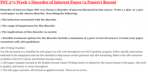 PSY 275 Week 5 Disorder of Interest Paper (2 Papers) Recent