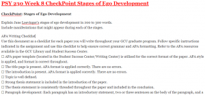 PSY 230 Week 8 CheckPoint Stages of Ego Development