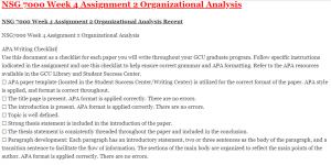 NSG 7000 Week 4 Assignment 2 Organizational Analysis