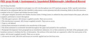 PSY 2022 Week 5 Assignment 2 Annotated Bibliography Adulthood Recent
