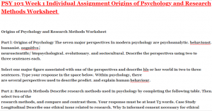 PSY 103 Week 1 Individual Assignment Origins of Psychology and Research Methods Worksheet