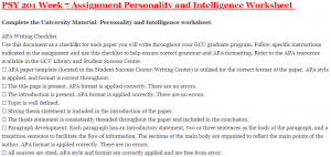 PSY 201 Week 7 Assignment Personality and Intelligence Worksheet