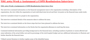 NSG 4064 Week 2 Assignment 2 COPD Readmission Interviews