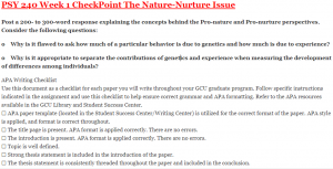 PSY 240 Week 1 CheckPoint The Nature-Nurture Issue