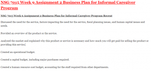 NSG 7015 Week 9 Assignment 2 Business Plan for Informal Caregiver Program