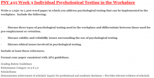 PSY 435 Week 3 Individual Psychological Testing in the Workplace