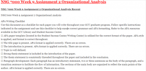 NSG 7000 Week 9 Assignment 2 Organizational Analysis
