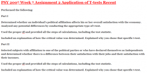 PSY 2007 Week 7 Assignment 2 Application of T-tests Recent