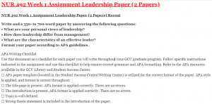 NUR 492 Week 1 Assignment Leadership Paper (2 Papers)