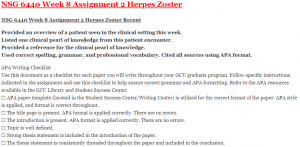 NSG 6440 Week 8 Assignment 2 Herpes Zoster