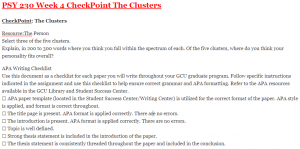 PSY 230 Week 4 CheckPoint The Clusters