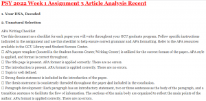 PSY 2022 Week 1 Assignment 3 Article Analysis Recent