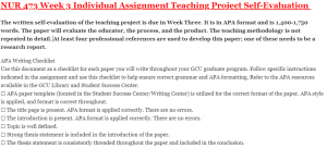 NUR 473 Week 3 Individual Assignment Teaching Project Self-Evaluation