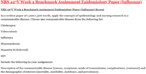 NRS 427V Week 2 Benchmark Assignment Epidemiology Paper (Influenza)