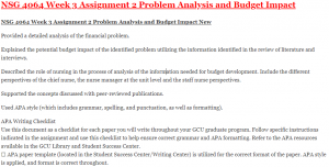 NSG 4064 Week 3 Assignment 2 Problem Analysis and Budget Impact
